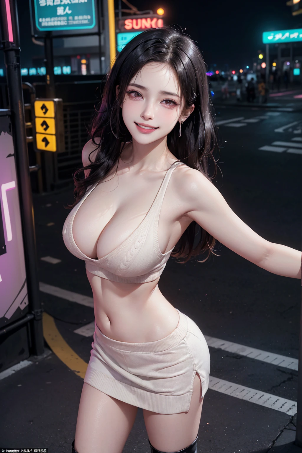 (masterpiece:1.3, Highest quality, Ultra-high resolution, Super detailed), (Realistic, photoRealistic:1.4), Perfect lighting, colorful, Depth of written boundary, Browsing Caution, Surrealism,Sharp focus:1.2,Esbian all over:1.3,Beautiful detailed hair, Beautifully detailed face, Beautiful fine details, Beautiful clavicle, Beautiful body, thin脚,Beautiful breasts, Beautiful feet, Beautiful Hands, Cleavage, thin, 1 girl, Perfect Face, Perfect Anatomy, Supermodel with a long neck,((Skinny1.3)),looking at the camera,(Perfect Anatomy, Highly detailed skin), Shiny skin,((beautiful girl:1.1)),(( large breasts: 1.3)), (Mid-length hair:1.4, Wavy Hair:1.2, Black Hair) ,hair over one eye,Dainty facial structure,(Happy smile:1.3),((Arching the back)),(( sweater:1.05)), ((sleeveless)),Miniskirt,boots,shibuya at night, Tokyo at night,(( vibrant neon lights illuminating the streets:1.3)), ((features colorful billboards)), Iconic buildings and signs create a vivid urban landscape,((wide shot)),((from above)),