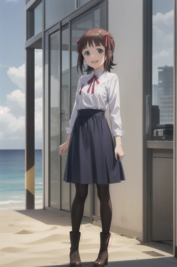 (((Pixel Perfect, Perfect in every detail))),alone,1人of女of子,Amami Haruka,red ribbons,View your viewers,smile,Happy,
Day,null,cumulus clouds,in spring,High resolution,colorful,Volumetric lighting,
depth_of_Field,alone_concentrated,depth of Field,Front view,whole body,
Teen,skinny,thin,thin,(expensive:1.1),
,(blue dress),School_uniform,length_sleeve,shirt,dress,white_shirt,collared_shirt,head_ribbon,apron_dress,Best,wing_collar,(Lace-up_boots:1.1),(black_pantyhose:1.4),Panty lines,
Outdoor,Beach,
(Skin Dentition:1.4),thin thighs,
Are standing,