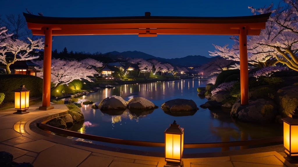 "A magical and beautiful night view from a Japanese castle keep. The scene includes a serene, moonlit landscape with cherry blossoms in full bloom and traditional Japanese architecture. The castle is illuminated softly, and the night sky is filled with bright stars. The atmosphere is enchanting and peaceful, with the lights from lanterns adding to the mystical ambiance. The image should capture the timeless beauty of Japan at night."