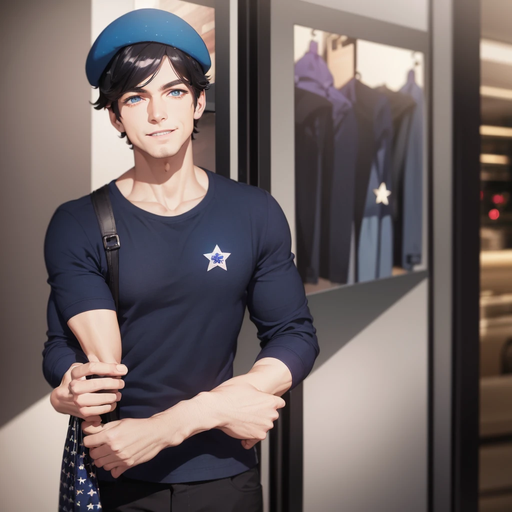 one charming adult man, short black hair, blue eyes, smiling, wearing a dark blue beret with a star on it, dark blue shirt with stars on it, black pants, holding purple shopping bags, mall and clothes in the backround, ultrasharp, 8k, masterpiece, looking at viewer