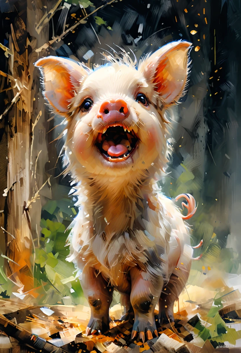 a painting of an masterpiece, highest quality illustration, high resolution 16k, ultra detailed, a baby pig with its mouth open, popular on art station, laughter and screaming face, the artist has used bright, by Peter Rockwell, digital photo, exaggerated expression, close to the camera, cheerful, whiskers, smiling at the viewer, by Suzy Rice, watercolor, oil and watercolor painting