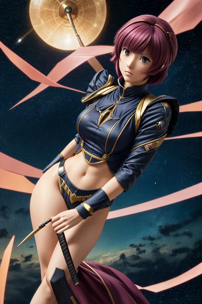 Highest quality, masterpiece, High resolution, alone, （Haman Khan），（機動戦士ZGundam），（Zeon_uniform），（Black‗Mantle），（pink_Hair Color），Gundam，Cybele，（Funnel）、Bob haircut，Bangs‗Hairstyle，Young Girl，Starry Sky_background，Anime Style, Highest quality, 4K, masterpiece,， alone, 1,whole body，looking at the camera, Shinkai Makoto style, Sharp Eyes，（Full Finger）, （Accurate fingertips）, （The finer details）, （Anatomically correct）, (映画のbackground), Hyper Detail, (Subtle details), (Intricate details),