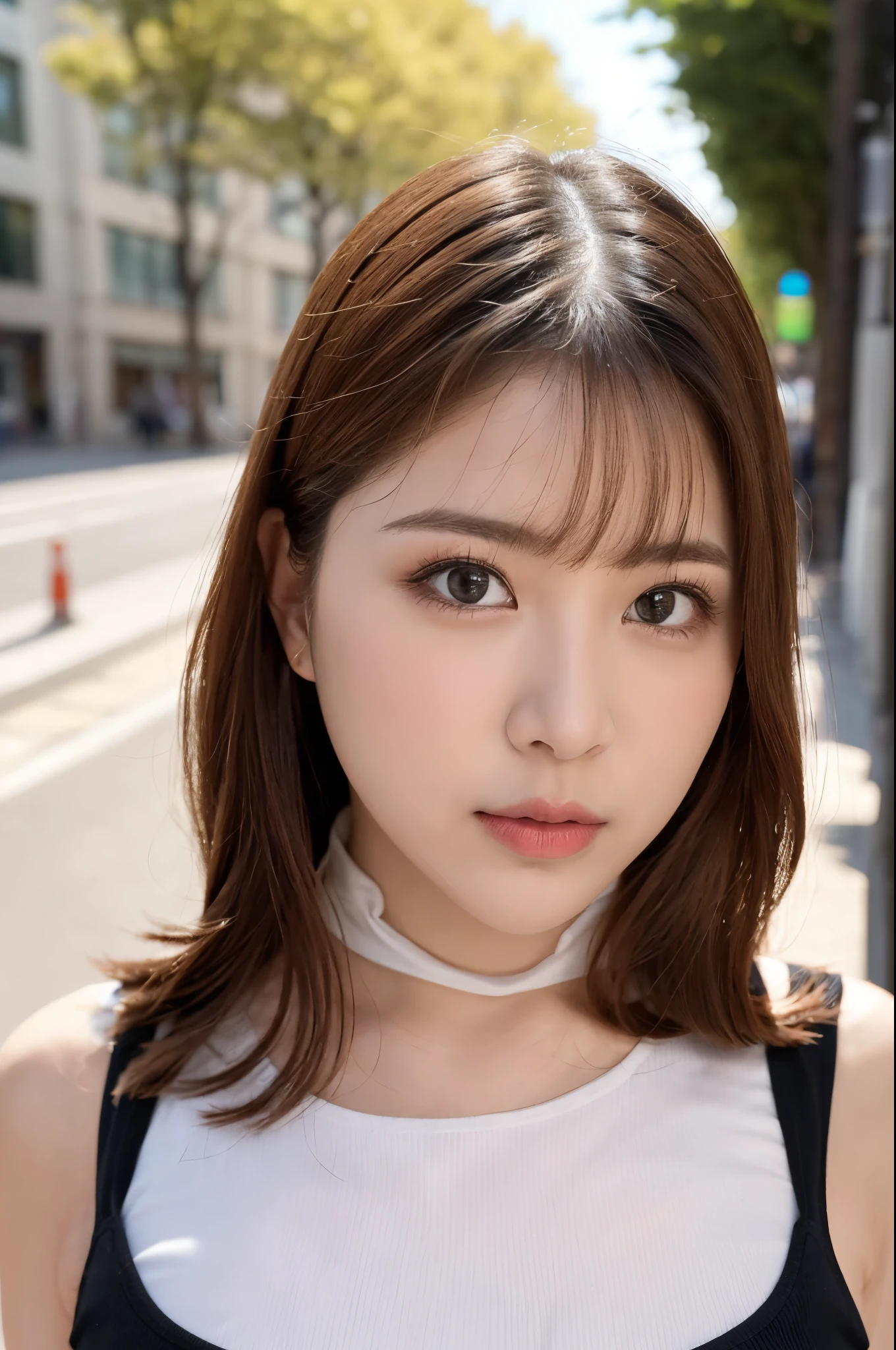 (masterpiece:1.5)、(Realistic:1.5)、(Highest quality:1.4、8K、RAW Photos)、 Ultra-high resolution、Professional Lighting、Perfect dynamic composition、Outdoor Shot、 Film Grain、chromatic aberration、(Bokeh:1.1)、 Frank、Sophisticated、charm、Surreal、High detail、Golden Ratio、 (1 Girl)、Slender girl、繊細でcharm女の子、Cute Woman:1.4、 Serious expression、Looking at the audience、Various poses、 Light brown hair、Shiny Hair、Hairstyle: ponytail、 Realistic looking skin、 shut up.、Beautiful Eyes、double eyelid、Thin arms、、 (Wearing a white ribbed turtleneck sleeveless dress:1.3), (Ultra-realistic pantyhose),