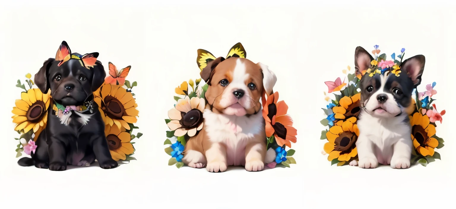 3 puppies of different colors, intricate details, surrounded by flowers of different varieties and small butterflies, bright light, sharp edges, whimsical associations, bold creativity, white background. Best Quality, Ultra Detailed, Masterpiece, 32K.