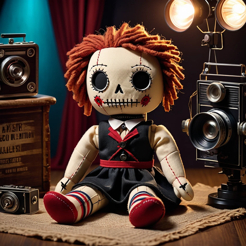 (knitted toy voodoo doll:1.5), (Voodoo Doll at a Retro Movie Studio:1.3), (Clothing: vintage film star attire with old film reel patterns:1.0), (Accessories: enchanted clapperboard emitting a classic light, floating movie props:1.1), (background: old-fashioned movie set with studio lights, cameras, and a nostalgic Hollywood vibe:1.2), best quality, masterpiece, detailed soft oil painting, detailed background, dramatic cinematic lighting, soft edge lighting, professional, dramatic lighting, hard edge lighting, ultra quality, 4k,masterpiece, best quality, 8k, ultra highres, highres, extremely detailed