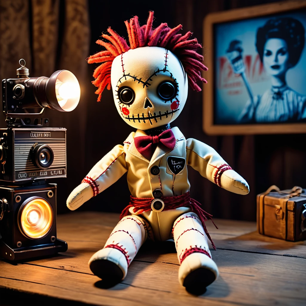 (knitted toy voodoo doll:1.5), (Voodoo Doll at a Retro Movie Studio:1.3), (Clothing: vintage film star attire with old film reel patterns:1.0), (Accessories: enchanted clapperboard emitting a classic light, floating movie props:1.1), (background: old-fashioned movie set with studio lights, cameras, and a nostalgic Hollywood vibe:1.2), best quality, masterpiece, detailed soft oil painting, detailed background, dramatic cinematic lighting, soft edge lighting, professional, dramatic lighting, hard edge lighting, ultra quality, 4k,masterpiece, best quality, 8k, ultra highres, highres, extremely detailed