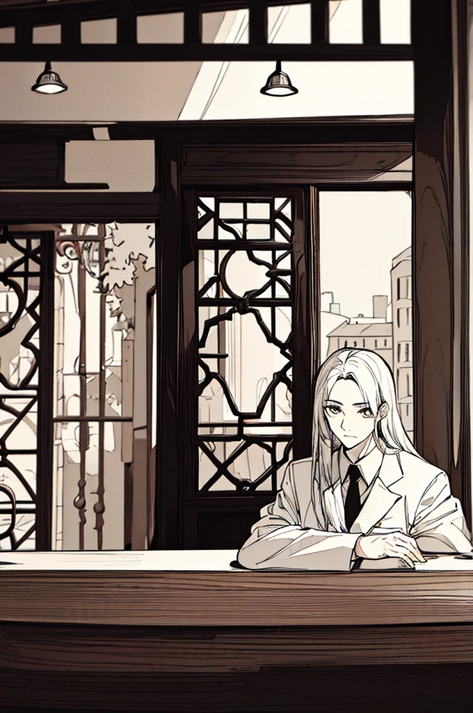 masterpiece,One boy,,(Character Focus),Black and white image quality,old photograph,In town,The character and the interviewer are sitting across from each other in a coffee shop.,the viewer is looking out the window,Character traits(Unhealthy,Long Hair,White suit,Bad dark circles under the eyes)