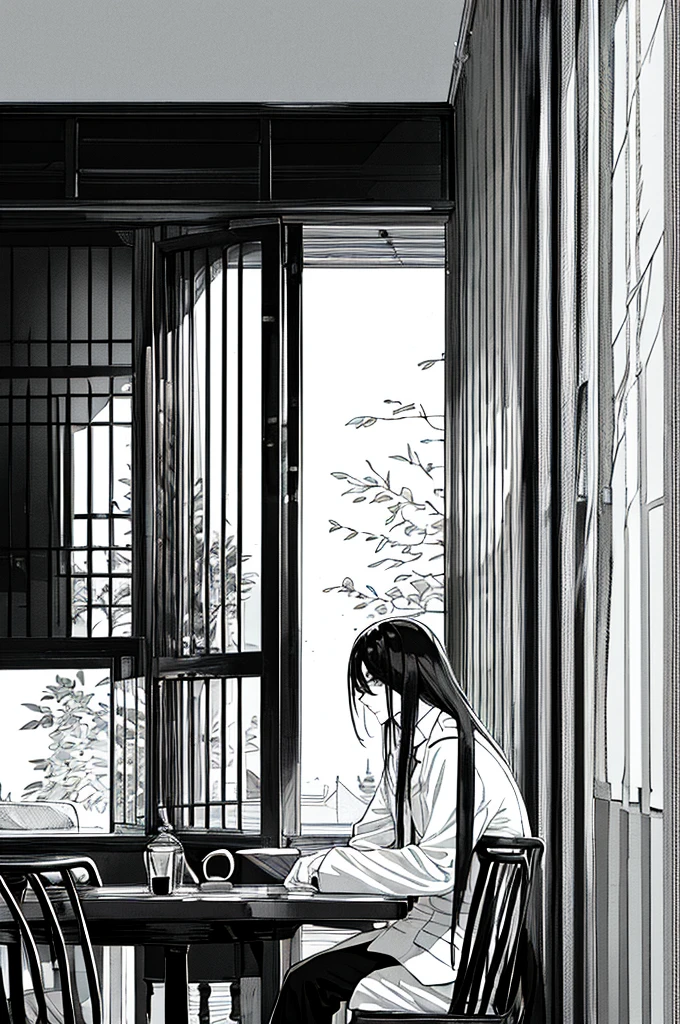 masterpiece,One boy,,(Character Focus),Black and white image quality,old photograph,In town,The character and the interviewer are sitting across from each other in a coffee shop.,the viewer is looking out the window,Character traits(Unhealthy,Long Hair,White suit,Bad dark circles under the eyes)