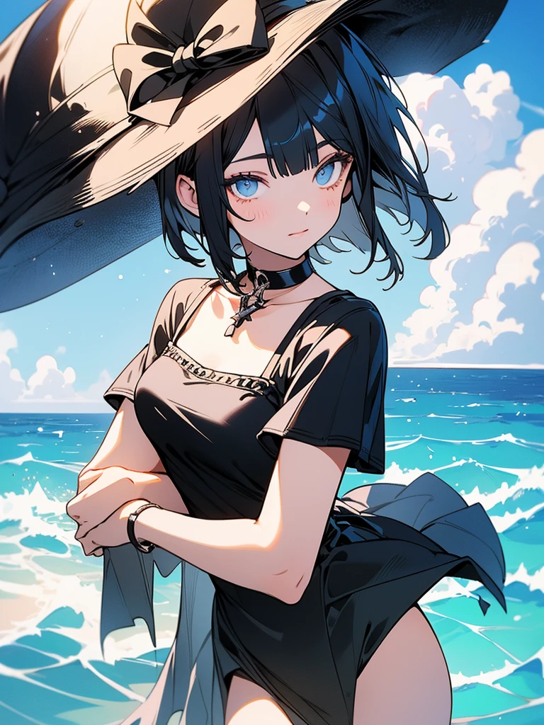 masterpiece, high-quality, a young woman, wearing black camisole, short bob Hair, holding hat behind head with both hands, sunny summer day with the blue sea