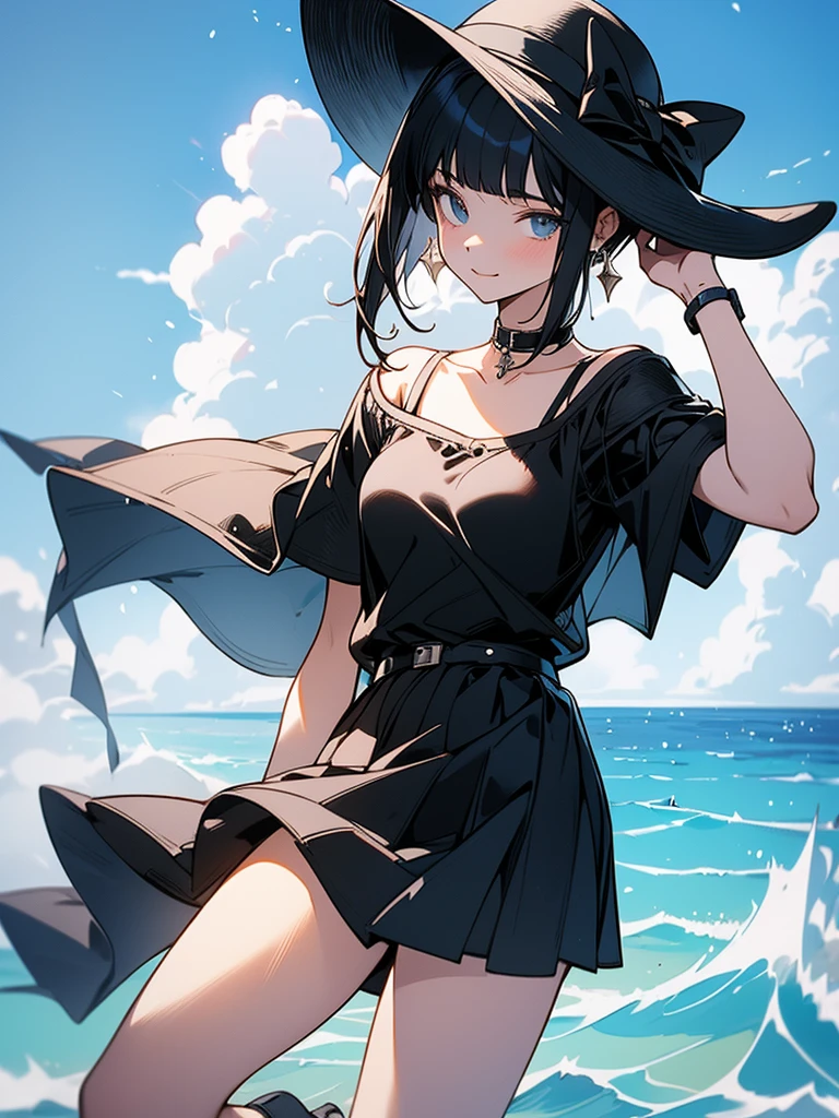 masterpiece, high-quality, a young woman, wearing black camisole, short bob Hair, holding hat behind head with both hands, sunny summer day with the blue sea