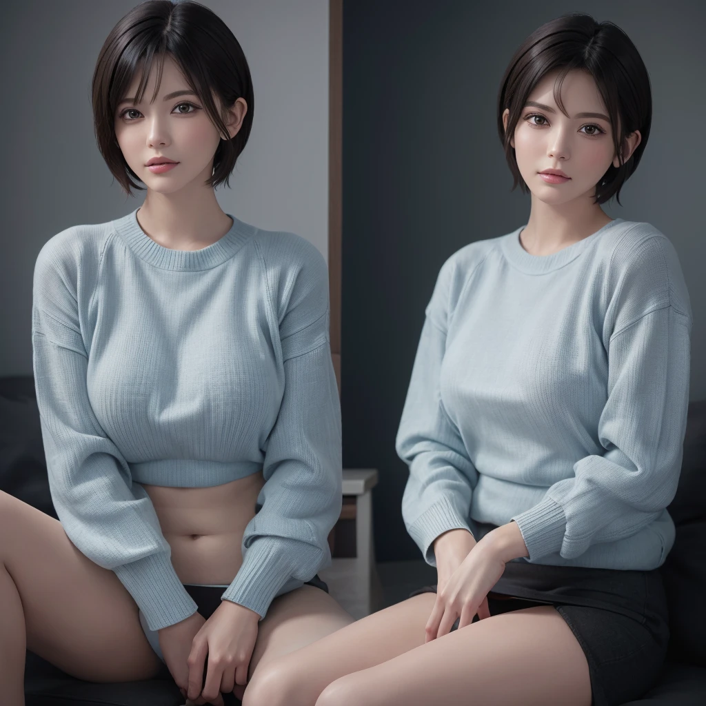 (masterpiece:1.3), (8K, Realistic, RAW Photos, Highest quality: 1.4), (One girl), Beautiful Face, (Realistic Face), (Black Hair, short hair:1.3), Beautiful hairstyle, Realistic eyes, Beautiful attention to detail, (Realistic Skin), Beautiful Skin, (sweater), Absurd, Charm, Ultra-high resolution, Ultra-realistic, Very detailed, Golden ratio sitting、 True Face、 Ultra mini skirt、Spread your legs、 I can see her panties、 Big Breasts、