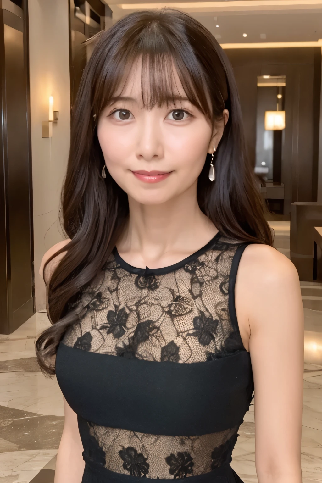 A skinny Japanese woman, {30|40} years old, 1girl, cute face, slight smile, ((detailed face, detailed eyes)), black {short|long} hair, medium breasts, very thin waist, correct human body structure, See-through lace mini dress in various colors, standing in a hotel lobby, (full body photo),