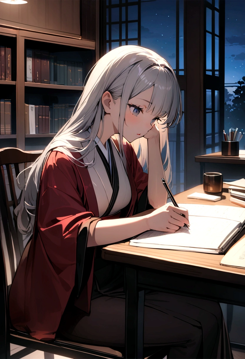super high quolity,4k,japanese women,study,writing note,in library,cat on desk,sheet on chair,night ,nomal human