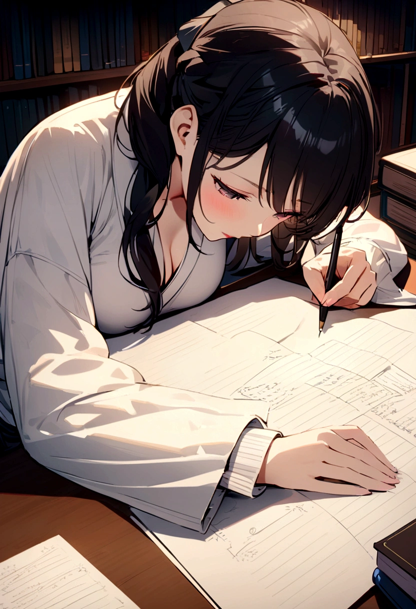 super high quolity,4k,japanese women,study,writing note,in library,cat on desk,sheet on chair,night ,nomal human