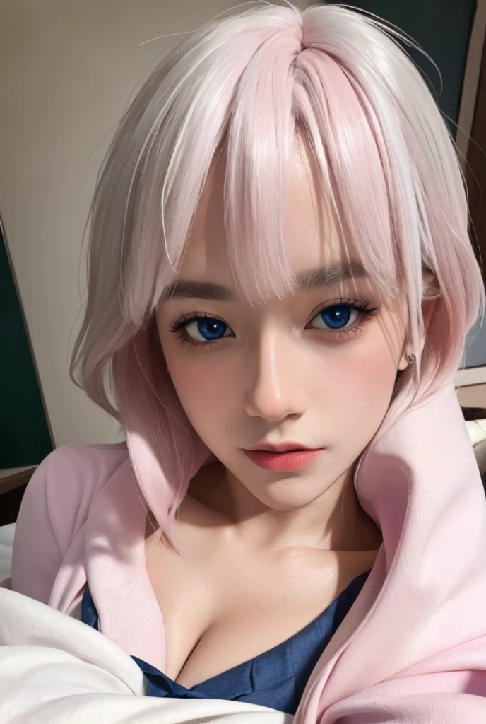 (masterpiece), (high quality), (8k resolution), (RAW photo), (best quality), (masterpiece:1.5), (realistic:1.5), ((photo realistic)), vibrant details, hyper realistic,1girl, (cute:1.2), beautiful, high-quality and detailed face, perfect face, (white hair And light pink hair:1.4), rosy cheeks, detailed eyes, (blue eyes),colorful eyes,(watery eyes),nsfw,, slender body, looking at viewer, closed mouth, real human skin, shiny skin, mid breasts, ((school uniform)), sitting, bed,