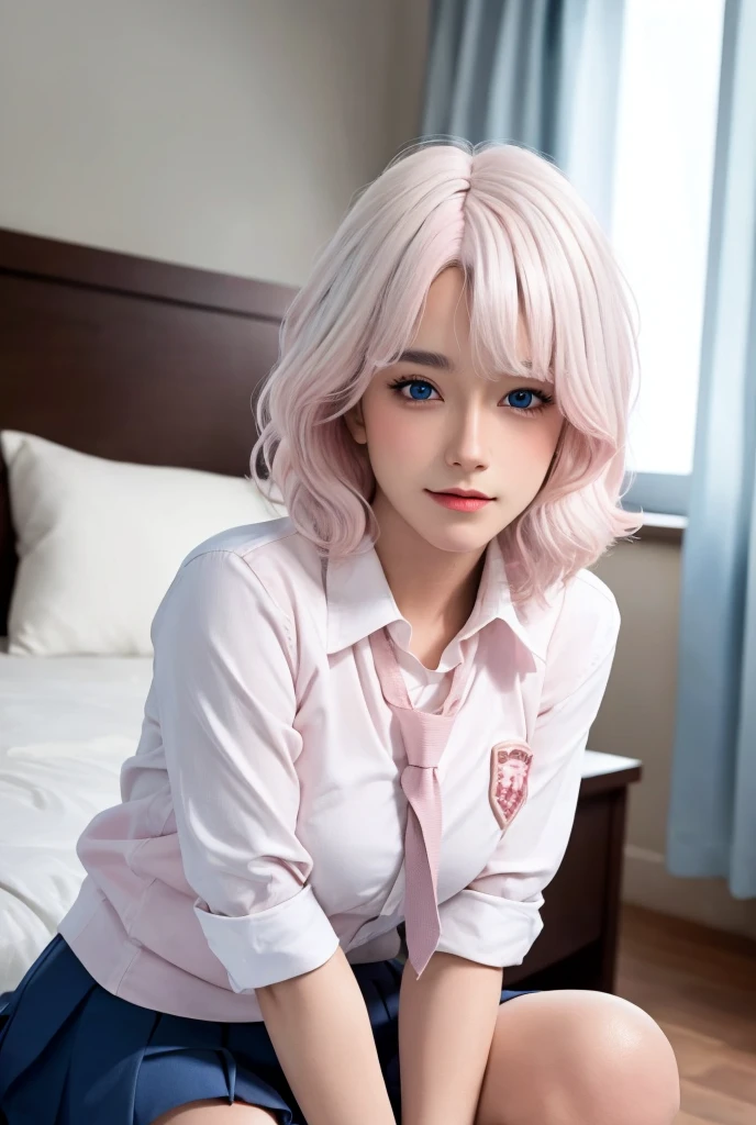 (masterpiece), (high quality), (8k resolution), (RAW photo), (best quality), (masterpiece:1.5), (realistic:1.5), ((photo realistic)), vibrant details, hyper realistic,1girl, (cute:1.2), beautiful, high-quality and detailed face, perfect face, (white hair And light pink hair:1.4), rosy cheeks, detailed eyes, (blue eyes),colorful eyes,(watery eyes),nsfw,, slender body, looking at viewer, closed mouth, real human skin, shiny skin, mid breasts, ((school uniform)), sitting, bed,
