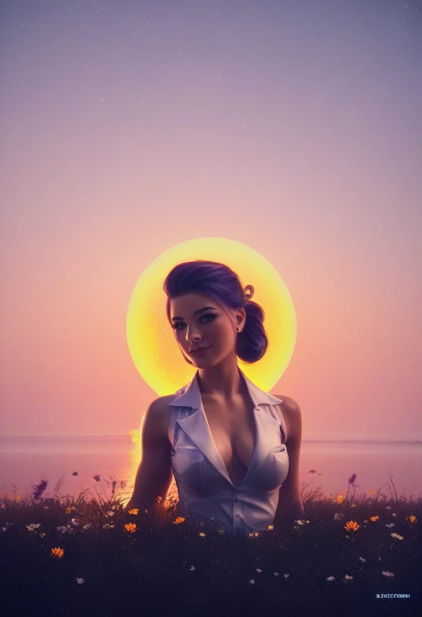 woman's portrait+cinematographic, golden sun+night+circle, transparent 3d rgb prominences+grass ornament, full mixing, whimsical, chiaroscuro, in the style of dark hues, hyperrealism, professional photo