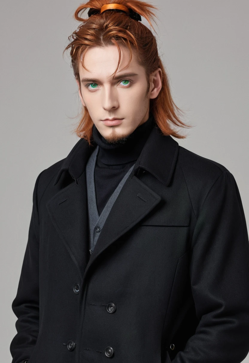 ((highest quality, masterpiece, 1 male, handsome, male, adult male, older guy, broad shoulders, tall height((big hair)), looking at the viewer ((green eyes)), ((orange hair, hair tied), standing, piercings, older face, adult, anime version, black coat outfit, tall man, anime, coat outfit, showing the whole character