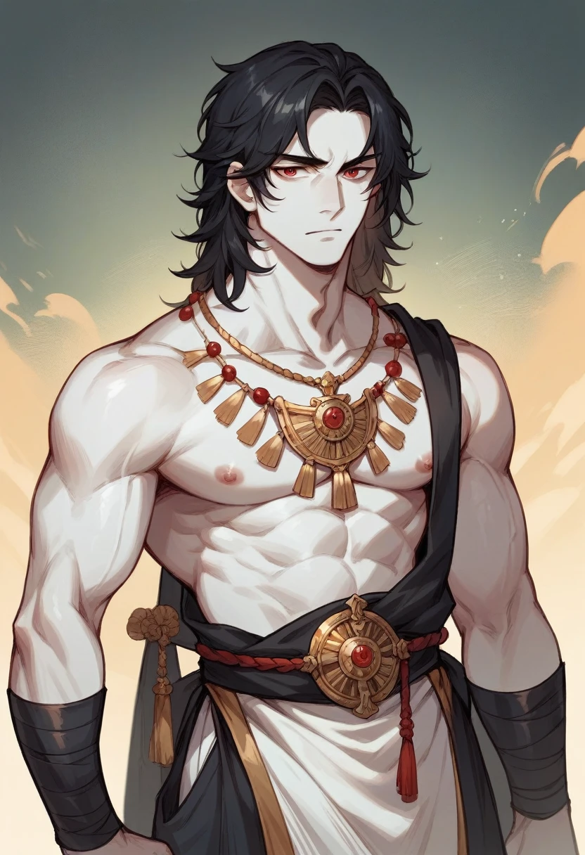 y young greek god hades, shirtless, smirking, background the underworld, holding his weapon the bid