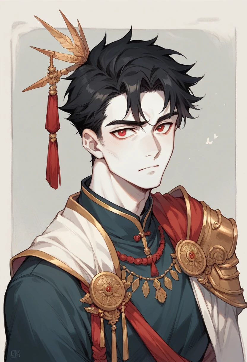 He is a boy with black hair and red eyes. He wears ancient warrior clothes. He has white skin and is beautiful. He is in his prime and looks nice.
