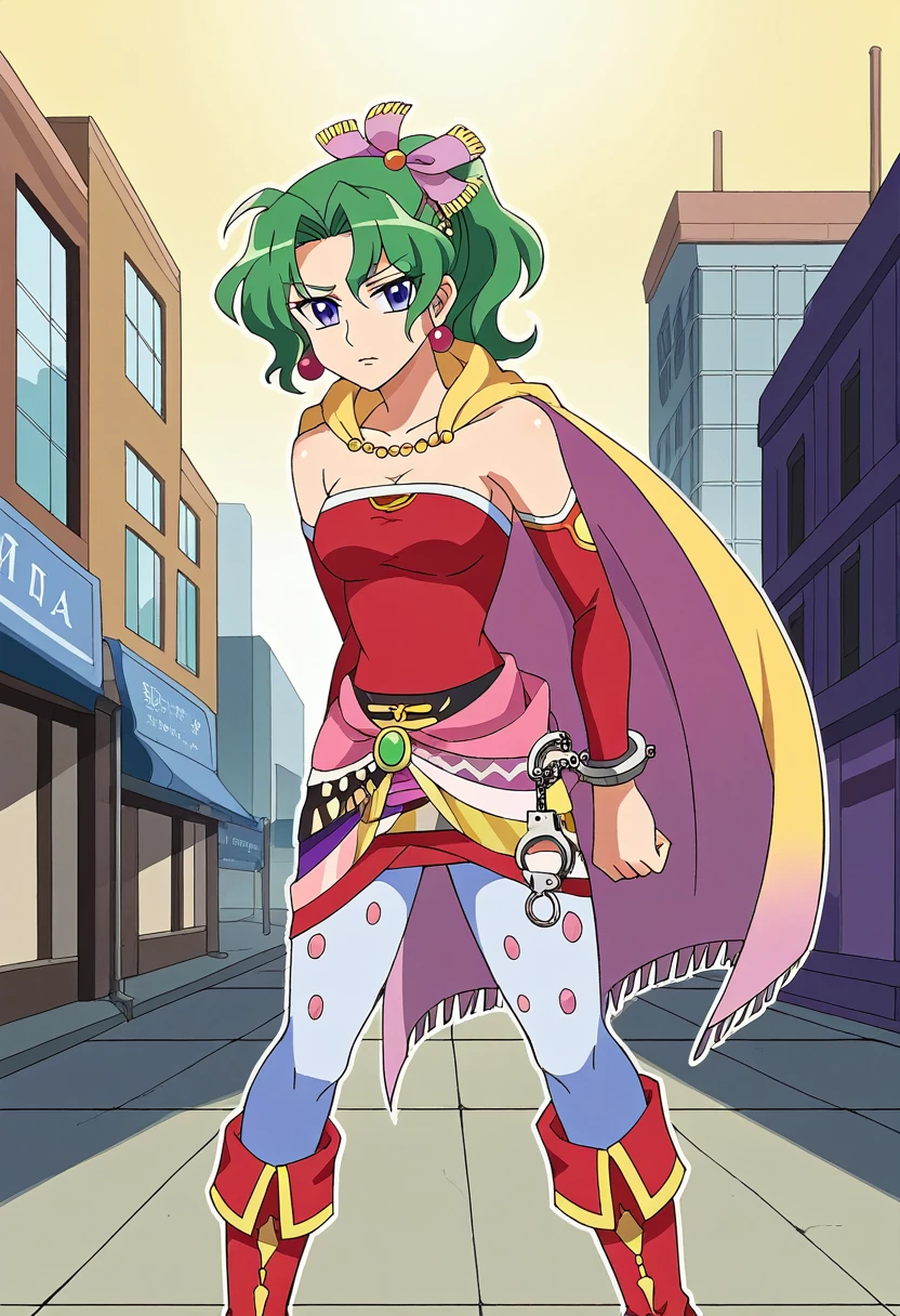 top quality, 8k wallpaper)),(masterpiece, best quality),extremely detailed,high definition,(official art:1.3),(((anime screencap,black outline))),s,restrained,police,arrest,restrained,shackles,(((building,city,handcuffs, cuffs, upper body, handcuff, bound wrists))),handcuffs behind her back,police,top quality, 8k wallpaper)),(masterpiece, best quality),extremely detailed,high definition restrained,police,arrest,restrained,shackles,(((building,city,handcuffs, cuffs, upper body, handcuff, bound wrists))),masterpiece, best quality, tina branford, green hair, cape, earrings, red dress, detached sleeves, hair ribbon, clothes around waist, print legwear, red boots,tina arrested.tina handcuffs behind her back,police handcuffs tina.bondage handcuffs,police from behind firm