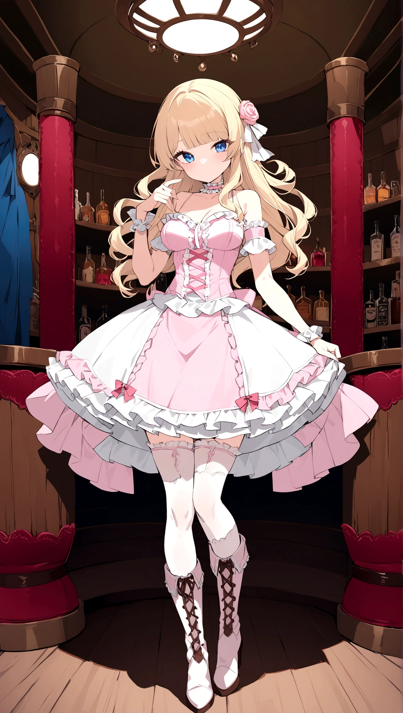 Curls,blonde hair,blue eyes,long eyelashes,long hair,fringe bangs,sidecurls,fullbody,standing,masterpiece,highress,frilly intricate pink saloon girl dress,knee length skirt,white accents,pink corset,lace up heeled knee high boots,stockings,saloon,short at the front center of the skirt,frilly sleeveles saloon girl dress with sweatheart frilled neckline,kneelength dress,frilled hemline,cowboy boots+,wild west,western,lace choker with big pink rose at the side,white frilled hem hemline,fullbody+,panier,standing straight,solo,