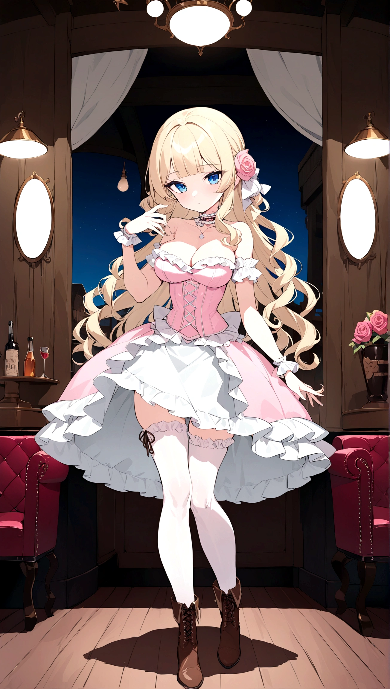 Curls,blonde hair,blue eyes,long eyelashes,long hair,fringe bangs,sidecurls,fullbody,standing,masterpiece,highress,frilly intricate pink saloon girl dress,knee length skirt,white accents,pink corset,lace up heeled knee high boots,stockings,saloon,short at the front center of the skirt,frilly sleeveles saloon girl dress with sweatheart frilled neckline,kneelength dress,frilled hemline,cowboy boots+,wild west,western,lace choker with big pink rose at the side,white frilled hem hemline,fullbody+,panier,standing straight,solo,