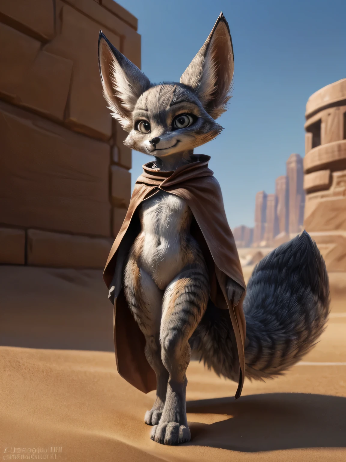 + (full lenth shot), (full body view), cartoon (anthro) ((teenager)) ((())) gray (Vulpera female) from world of warcraft very cute face, gray fox tail, hi res, photorealism, soft shading, (detailed face:1.1), (), (detailed gray eyes:1.1), (masterpiece:1.2), detailed face, (), by zaush, by ikiki, detailed gray fox fur, looking serious, good anatomy, detailed gray skin, bodily fluids, gray fur, (solo:1.1), vulpera, fenech, big ears, (1tail), (short proportions), gray eyes, (gray fur:1.1), (gray fur), (gray fur), smile, watching on camera, shiny greasy fur, ((fur)), (solo), high res, full body, (detailed realistic image:1), insane details, soft, (hyper realistic fur:1), (detailed fur:1), (fur covered body), (realistic:1), (photorealistic, photo-realistic:1), full color, (highly detailed:1.2), masterpiece, 8k uhd, good anatomy, correct anatomy, outside, manly, dynamic pose, BREAK,(in a cloak on his back),(Outlaw),(fox robber) ,[thief], (в thiefовской накидке)