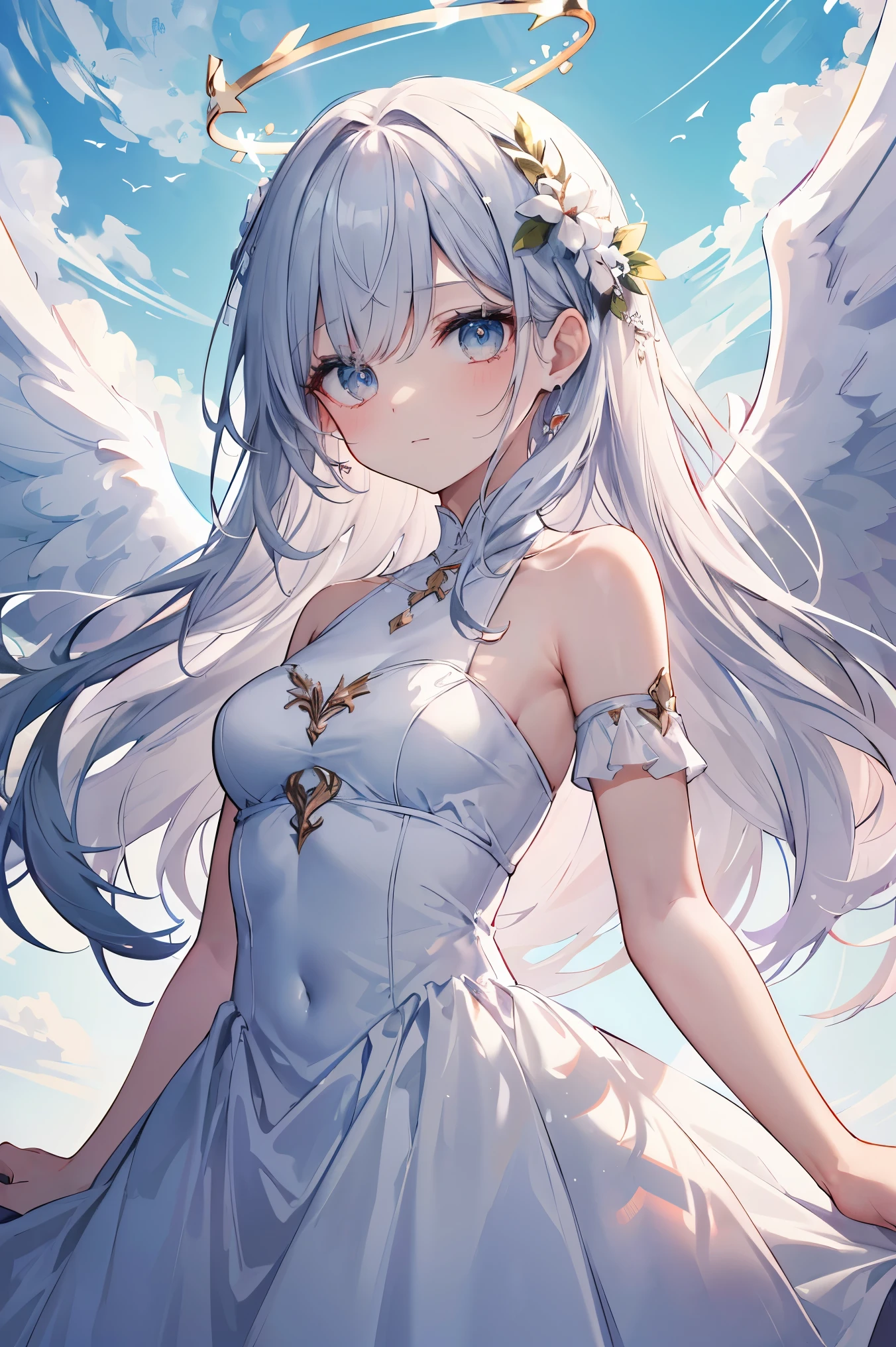 ((absurdres absolutely resolution, Masterpiece,Best quality,Ultra-detailed)), beautiful detailed face, detailled eyes, small Breasts Angel, Angel Halo, Wearing a gorgeous dress that covers the whole body, Floating in the air, angel wings, outdoor