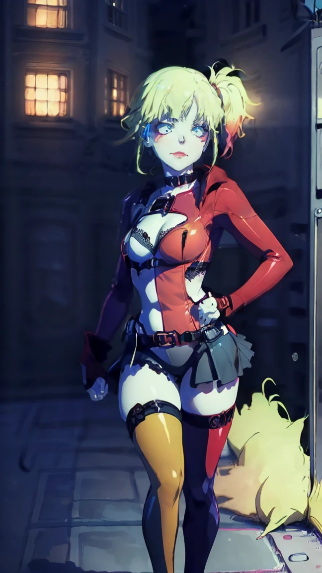 masterpiece, Best quality, Super detailed, illustration, beautiful detailed eyes, ((distant view, wide angle 1.31)), On the outside, young woman, Harley Quinn, intricate design, complex shaped lace tights, two hair tails (blue and red tail), sexual, Face to face, split, full length (full body 1.1.), very feminine, fighting stance, (masterpiece), magic photography, Spectacular lighting, Photorealism, ultra detailed, intimate portrait composition, 1. 4,8 k UHD, aesthetic, Cd., A high resolution, 8 k, better lighting, Best shade, Ultra-HD, A high resolution, sharp focus, Complex background, Cinematic lighting, ((Landscape view)), 4K block, (better lighting), ((Cinematic lighting)),