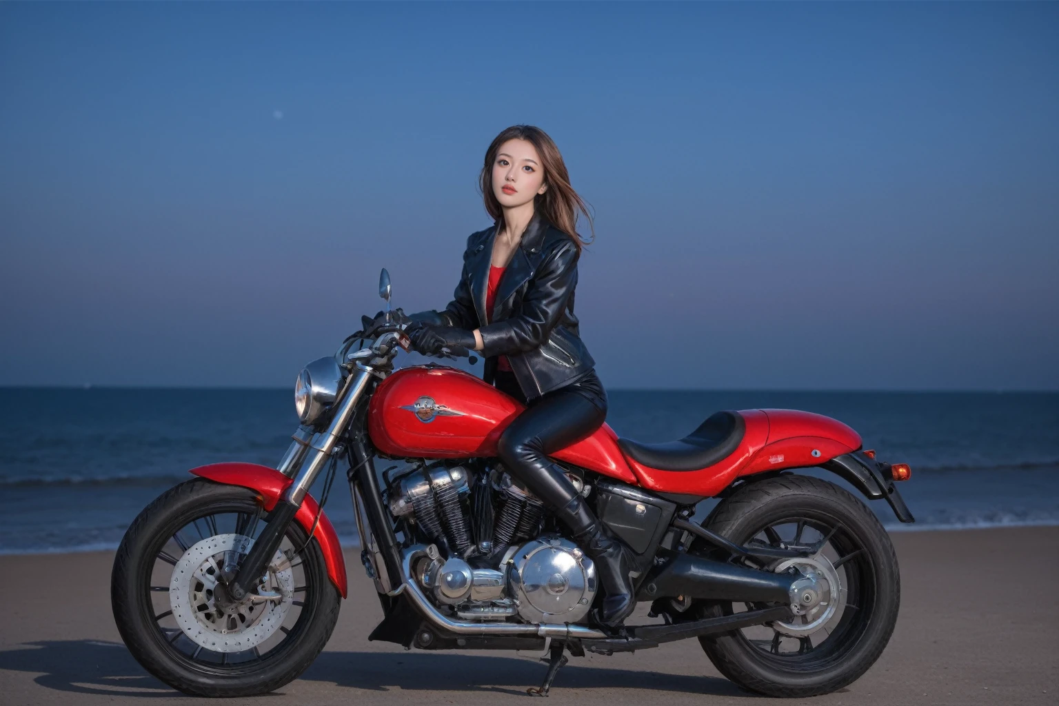 realistic,score_9, score_8_up, score_7_up, BREAK,
 Full body shot, photo of the whole motorcycle, Cute young woman in Japan, Ride an old traditional shiny metallic silver motorcycle at the wharf, glamorous shape, shoulder length shiny smooth light brown hair, Wearing a leather black riding jacket, Glossy satin red bikini under riding jacket, Leather Black Riding Gloves, Leather Black Pants, Leather Black High Heel Long Boots, staring at night view over the sea, absolutely pretty face, Double eyelids, Natural makeup, long eyelashes, Glossy lips, 8K resolution, high details, detailed hairstyle, Detailed face, Black eyes, elegent, epicd, Cinematic lighting, Octane Rendering, Vibrant, Hyper realistic, Fair skin, Perfect limbs, Perfect Anatomy