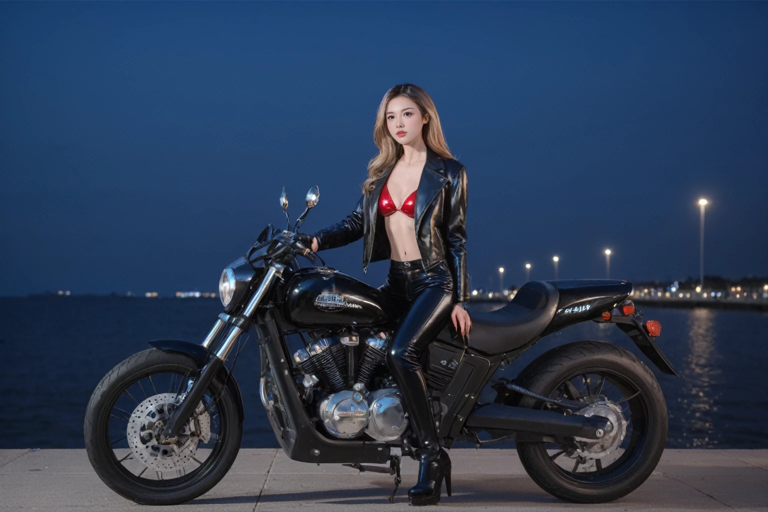 realistic,score_9, score_8_up, score_7_up, BREAK,
 Full body shot, photo of the whole motorcycle, Cute young woman in Japan, Ride an old traditional shiny metallic silver motorcycle at the wharf, glamorous shape, shoulder length shiny smooth light brown hair, Wearing a leather black riding jacket, Glossy satin red bikini under riding jacket, Leather Black Riding Gloves, Leather Black Pants, Leather Black High Heel Long Boots, staring at night view over the sea, absolutely pretty face, Double eyelids, Natural makeup, long eyelashes, Glossy lips, 8K resolution, high details, detailed hairstyle, Detailed face, Black eyes, elegent, epicd, Cinematic lighting, Octane Rendering, Vibrant, Hyper realistic, Fair skin, Perfect limbs, Perfect Anatomy