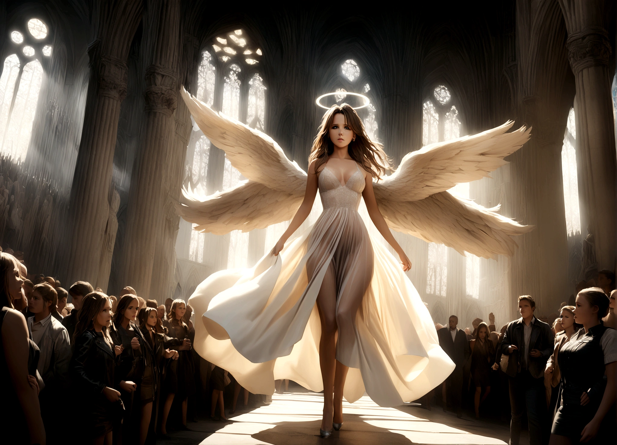 angel, Kate Beckinsale, age 25, platinum blonde hair, halo, large pair of white wings, sheer silk dress, holy corona, majestic pose, cathedral, crowded, intricate details, cinematic lighting, dramatic, photorealistic, 8k, masterpiece