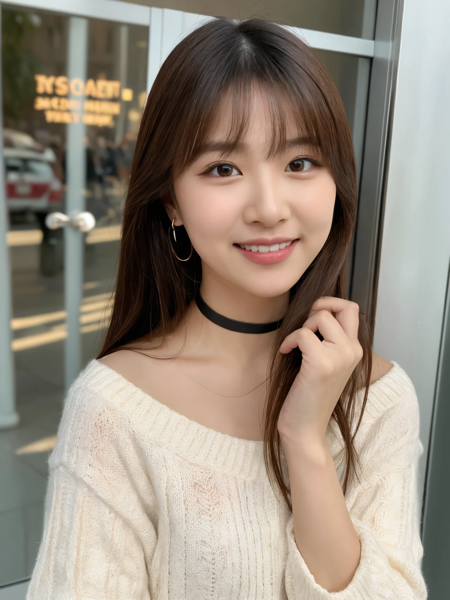 ulzzang-6500-v1.1, (RAW Photos:1.2), (Photorealistic), Beautiful detailed girl, (Genuine: 1.4), Very detailedな目と顔, Beautiful and fine details,  (Strapless blouse, flare skirt, Ultra-realistic pantyhose:1.2, Black choker)、Esbian all over、 (A very loving smile:1.2)、Large file size, High resolution, Very detailed, Highest quality, [masterpiece:1.6], Awareness-raising, Very detailed,  In detail, Highest quality, 8k wallpaper, Cinema Lighting, One Girl, , Perfect figure, Cute droopy eyes、Beautiful big eyes、 ((masterpiece)), Highest quality, One Girl, eye shadow, Upper Body, Portraiture, ((Full Body Shot:1.2))、