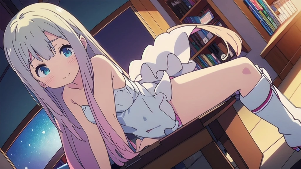 re:zero, emilia, gray hair, hair flower, masterpiece, amazing, 8k, detailed, 1girl, (from behind), purple eyes, white tights, cute, ((leans)), ((lace panties)), ((transparent panties)), (bents over desk), ((from above)), (lies on desk)