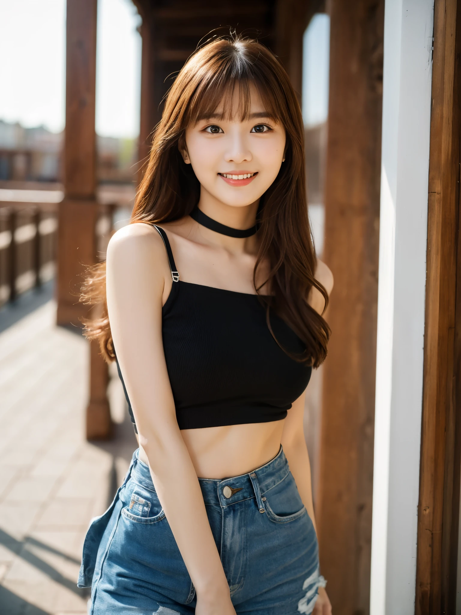ulzzang-6500-v1.1, (RAW Photos:1.2), (Photorealistic), Beautiful detailed girl, (Genuine: 1.4), Very detailedな目と顔, Beautiful and fine details,  (Strapless blouse, flare skirt, Ultra-realistic pantyhose:1.2, Black choker)、Esbian all over、 (A very loving smile:1.2)、Large file size, High resolution, Very detailed, Highest quality, [masterpiece:1.6], Awareness-raising, Very detailed,  In detail, Highest quality, 8k wallpaper, Cinema Lighting, One Girl, 17 years old, Perfect figure, Cute droopy eyes、Beautiful big eyes、 ((masterpiece)), Highest quality, One Girl, eye shadow, Upper Body, Portraiture, ((Full Body Shot:1.2))、