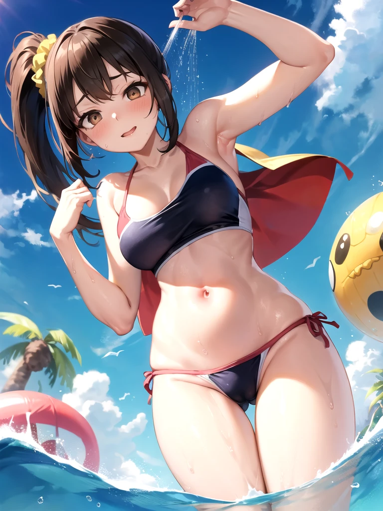 pose Partially visible vulva, Partially visible vulva,One girl, chest, Swimwear, one-piece Swimwear, belly button, Wet, From below, large chest, blush, one-piece Swimwear pull, Focus Only, Brown eyes, pull clothes, blue one-piece Swimwear, Brown Hair, Thighs, showerヘッド, bangs, ponytail, indoor, View your viewers, Mouth closed, shower, Scrunchie, hair ornaments, Look down, Partially visible vulva, between legs, Bare shoulders, hair Scrunchie, Wedge Shape, competition Swimwear, Cowboy Shot, Stomach, Long Hair
