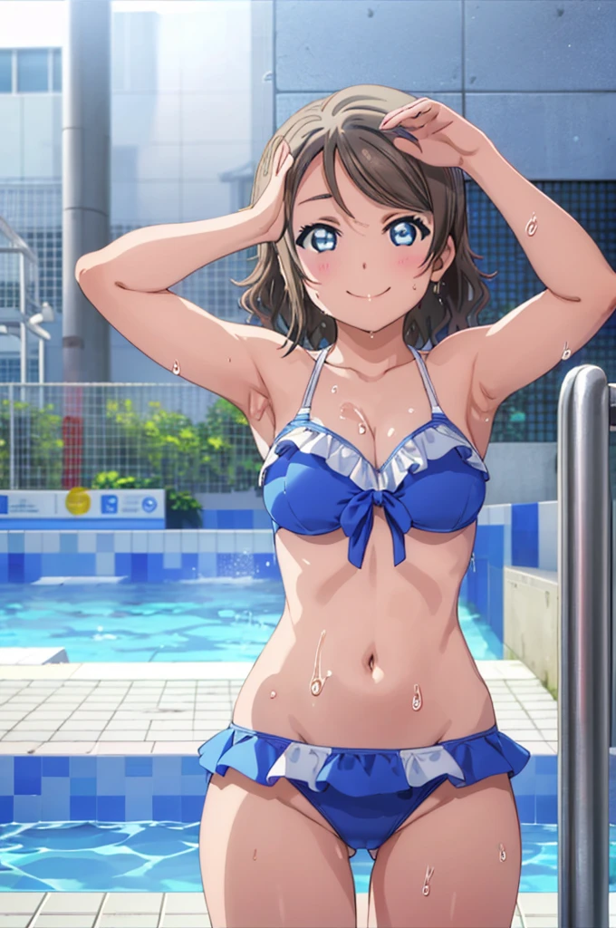 (((pixel-perfect, detail-perfect))), solo, 1girl, you watanabe, eyes azzur, smile, bikini, pool, wet body, armpit, big filesize, ultra High Qality