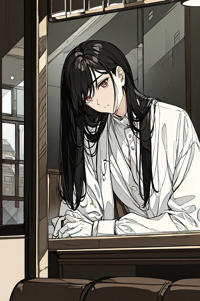masterpiece,One boy,,(Character Focus),Black and white image quality,old photograph,In town,The character and the interviewer are sitting across from each other in a coffee shop.,the viewer is looking out the window,Character traits(Unhealthy,Long Hair,White suit,Bad dark circles under the eyes),Chainsaw Man-like art style
