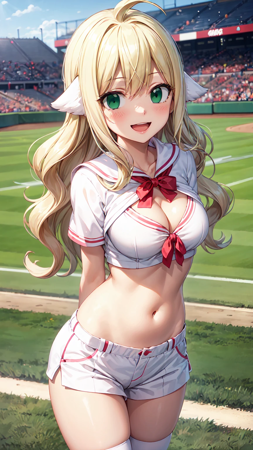 Masterpiece ,best quality , high resolution , (1 girl solo:1.38) , (mavis, long hair, blonde hair, (green eyes:1.5), ahoge, wavy hair, animal ears,) , (cleavage:1.2) , (medium breast:1.28) , (wear baseball hat , belly , navel , white sailor , bow , knot , stockings ) , (arms behind back . hands behind back) , (cleavage:1.15) , (big breast:1.1) , (face view , look at view ) , (outdoor , Baseball field,race,streamers,victory,celebrate) , (standing , Legs , thighs , cowboy shot) , ( full face blush , shy , smile , open mouth)