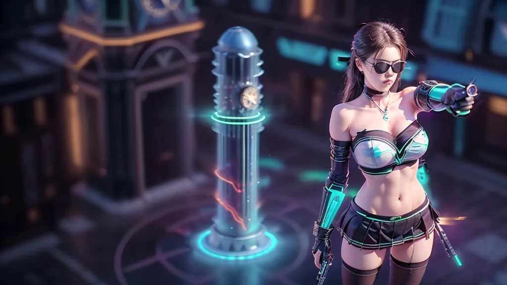 (aerial view). at night, futuristic sci-fi cyberpunk city, broad viaduct, skyscrapers at the end of the viaduct, the movie "13th Floor" style, (((((voltex-spirit-spreading giant clock tower as time machine))))), hq. Matrix style, at night, (1girl, solo), photo realistic, (large-breast:1.2 slim body, cleavage:1.3), (((tube top, extreamly short pleated (((miniskirt))) exposing panty))), (((((matrix style black sunglasses))))), (((((aiming at camera with a (short pistol)))))), (((half-body (thigh level) medium shot))), (cinematic lighting).