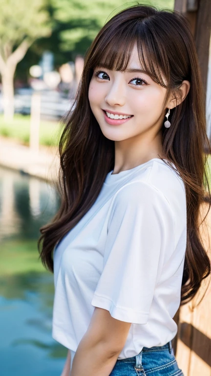 (8K、Highest quality、masterpiece、Ultra-high resolution、High resolution face:1.3)、Portrait、(20-year-old girl:1.3)、Bokeh Depth of Field、frontage、 The smile of a genius、Ultra-detailed、Ultra-high resolution、(Realistic、Realistic photos:1.37)、High-resolution RAW color photos、Professional photography、hVery detailed and beautiful、Very detailed、8K Picture Wallpaper、Amazingly detailed、Large file size、Official Art、HVery detailed CG Unity 8K wallpapers、hVery detailed beautiful girl、Very detailed顔、Very detailed目、Very detailed皮膚、Very detailed指、hVery detailed nose、Very detailed詳細な口、Perfect Anatomy、HVery detailed clothing、1 girl、(18:1.2)、Teen、cute、Famous Japanese Idols、cute、Realistic body、Petite、White skin、Glowing Skin、The body is slim、Handsome bBrown haired、(Blunt bangs:1.2)、Classic wavy long hair、 (Hmph:1.3),Laughter、cute、Zola々right、cute faces、A vivid face、Delicate eyes、Source Order、White T-shirt、Skirt、Looking into the camera、Cowboy Shot、Along the River、Positive、Contrapo、public、valley