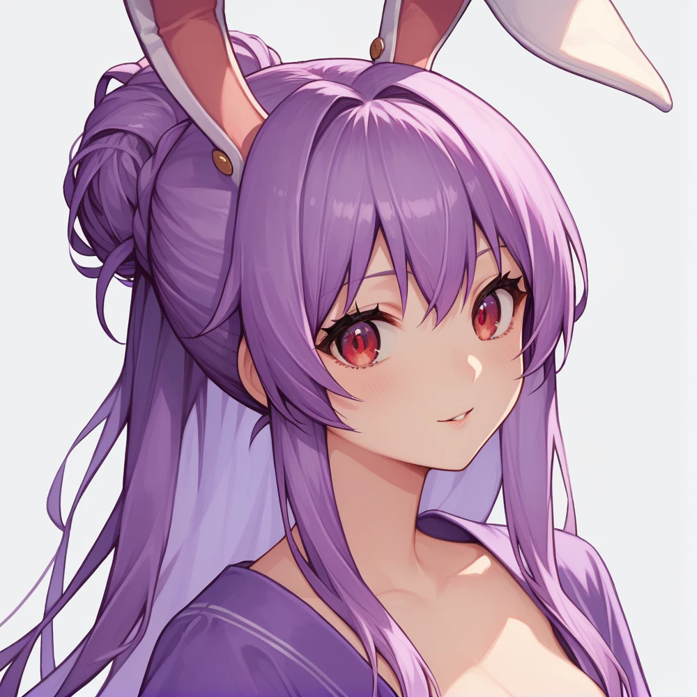 score_9, score_8_up, score_8, score_9, 1 girl,  source_anime,  reisen udongein inaba, purple hair, red eyes, rabbit ears, rabbit girl, portrait, updo hairstyle, violet kimono, no tie