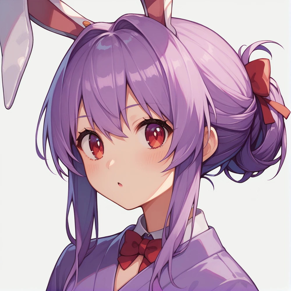 score_9, score_8_up, score_8, score_9, 1 girl,  source_anime,  reisen udongein inaba, purple hair, red eyes, rabbit ears, rabbit girl, portrait, updo hairstyle, violet kimono, no tie