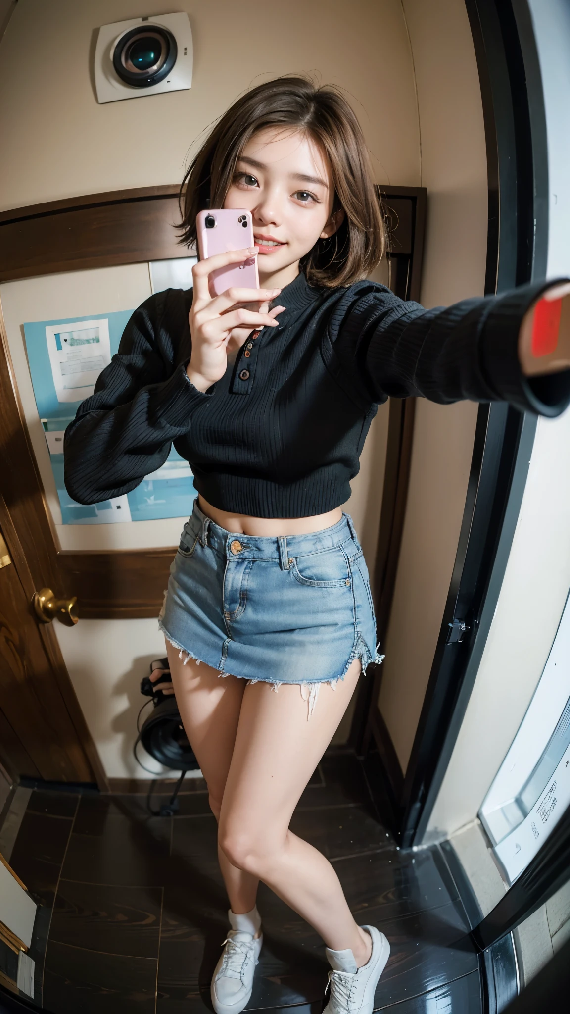 Highest quality, masterpiece, Ultra-high resolution,8K, (Realistic:1.6), (Face-to-face selfie portrait) RAW Photos, 1 Girl,(Full of smiles, Showing teeth)), 22 years old,((Korean Idol Karina Fashion)),((Miniskirt uniform and undershorts)),((Very Short Hair)),((Looking up at the audience)),Face Focus:1.4,((Selfie taken with a fisheye lens:1.4)),