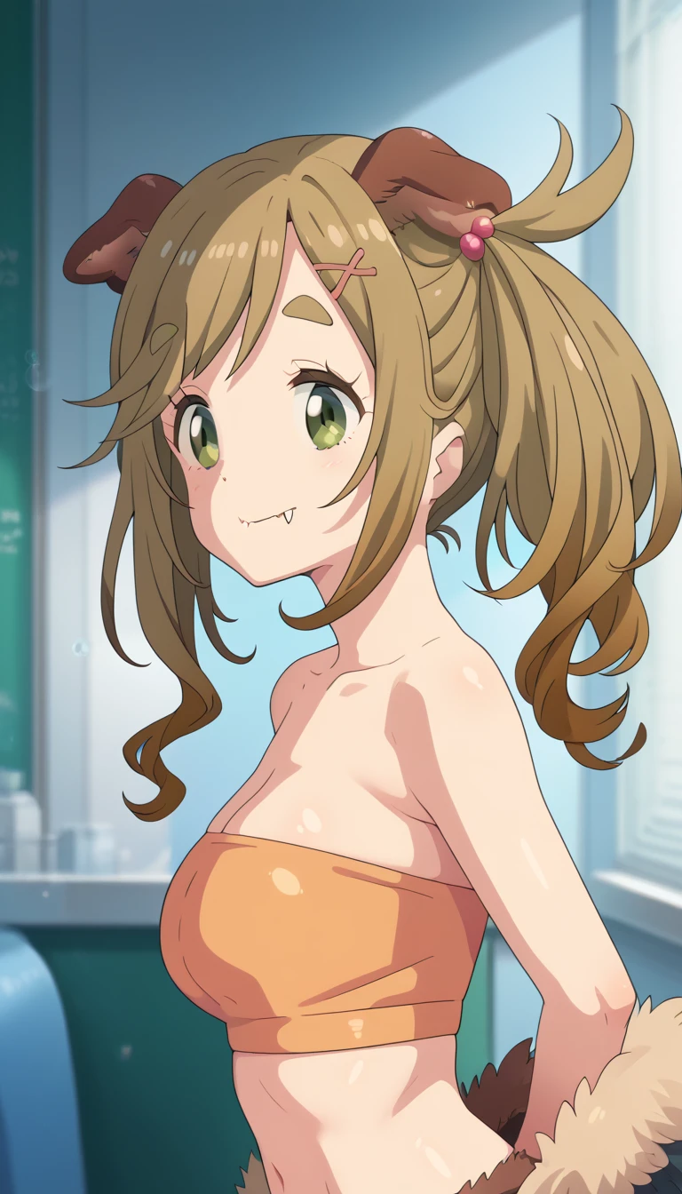 (Aoi Inuyama), (NSFW), (from the side) thick eyebrows, long hair, fangs, skin fangs, light yellow hair), (green eyes), (side ponytail), (hair ornament), (hair bobble), (Top Quality), (Dog Ears), (Brown Dog Ears), (Drop Ears), (Fur Fuzzy Crop Tube Top), (Brown Fuzzy Crop Tube Top) (Wonde