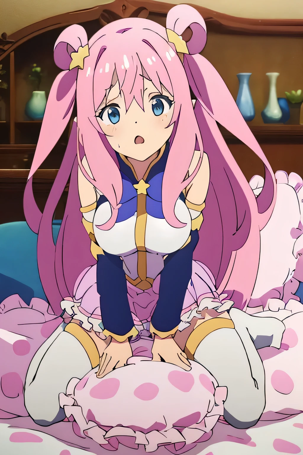 （best quality， masterpiece），mine ,nsfw, details, (Light and shadow oxtail , Cute girl posing on pillow ,（Pillow），steam, pillow humping，pillow ride, masturbation,  pillow straddling, crotch rub, hump，open mouth , kneeling，（Steaming hot），（pillow）full body, frilled pillow, pink polkadot pillow , hatsune (princess connect), 