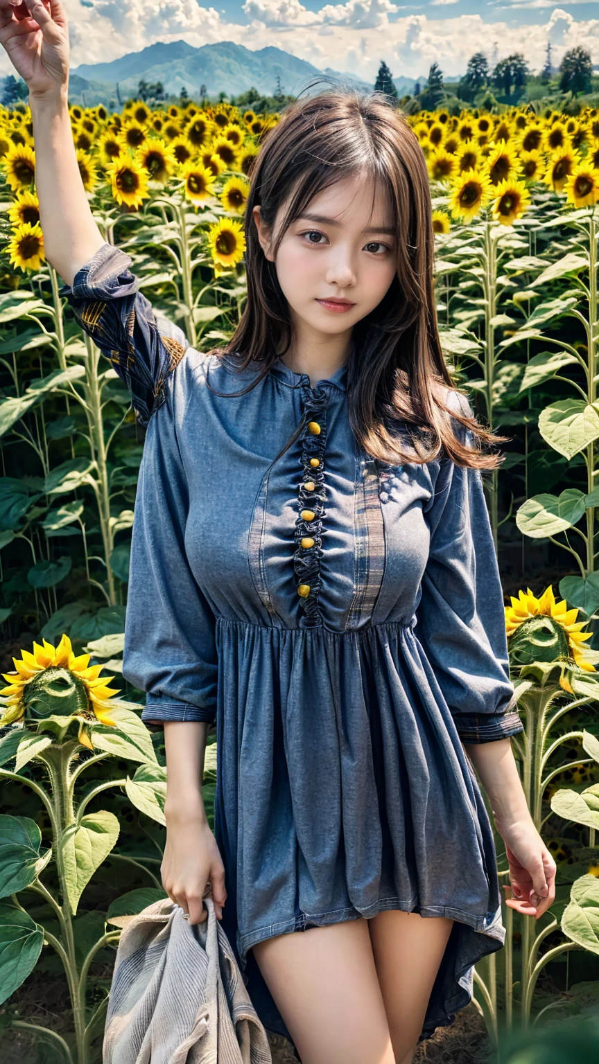 (8K, RAW Photos, Highest quality, masterpiece:1.2), (professional photography, full colors, studio-caliber color grading), (Gravure quality for high-end fashion magazines), close up, BREAK,18 year old girl, (straight hair:1.1), crying a little, Harajuku style, Big Natural Color Lip, (Plumpy body:1 (smooth skin:1.1 (huge breasts:1  BREAK (((casual dress:1.3)), BREAK (Sunflower field background)、
