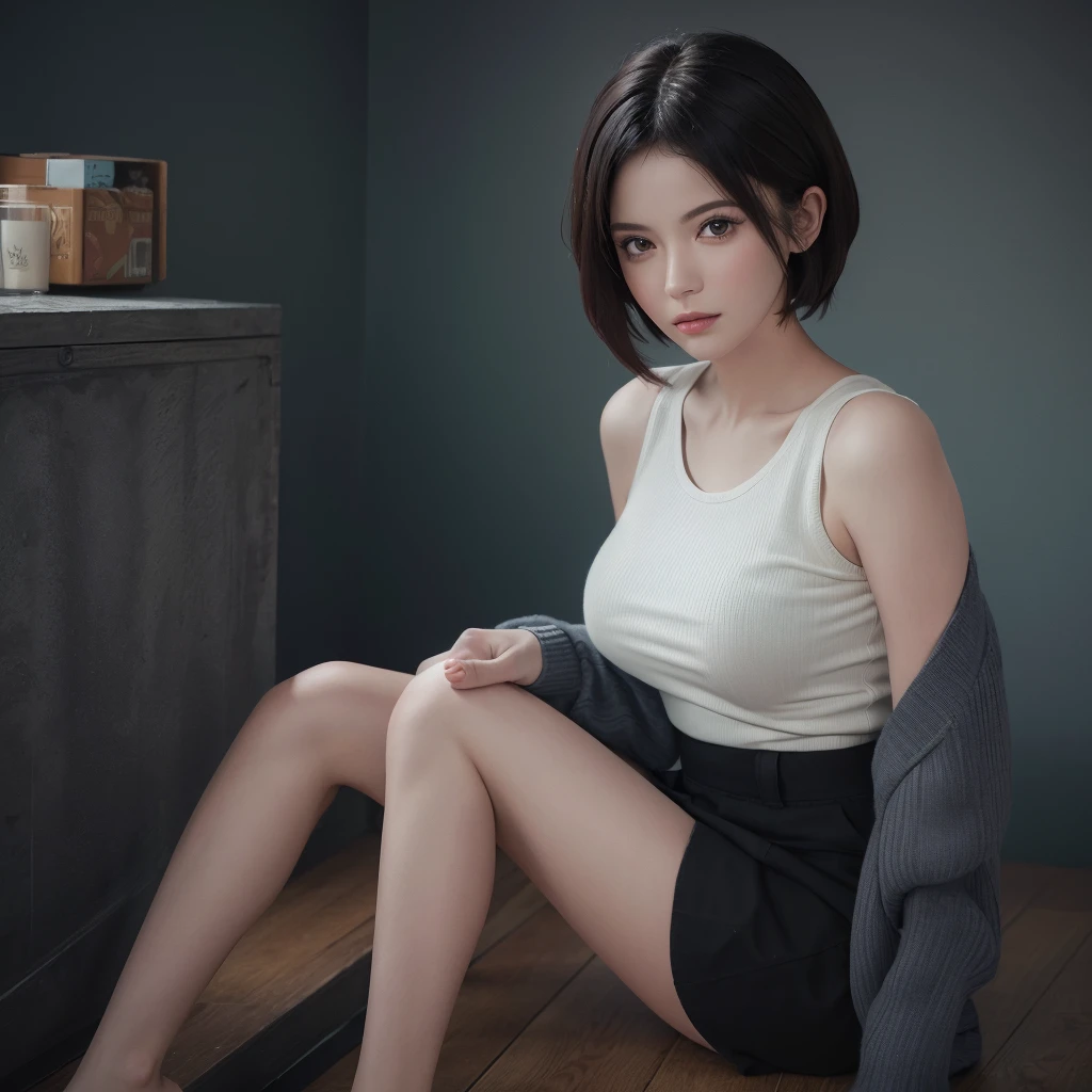(masterpiece:1.3), (8K, Realistic, RAW Photos, Highest quality: 1.4), (One girl), Beautiful Face, (Realistic Face), (Black Hair, short hair:1.3), Beautiful hairstyle, Realistic eyes, Beautiful attention to detail, (Realistic Skin), Beautiful Skin, (sweater), Absurd, Charm, Ultra-high resolution, Ultra-realistic, Very detailed, Golden ratio sitting、 True Face、 Ultra mini skirt、Spread your legs、 I can see her panties、 Big Breasts、 Skirt flipped up、 Tank top、