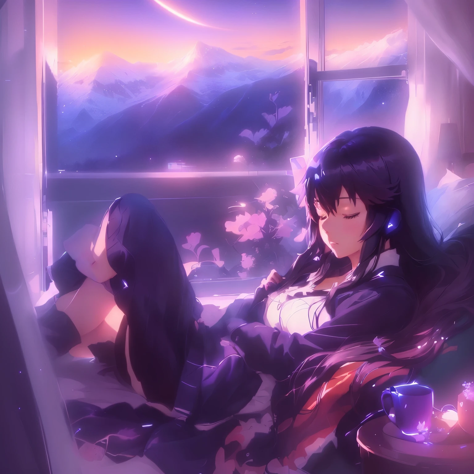 Anime girl lying on the bed,Enjoy mountain views, artwork in the style of Gu Weiss, Anime beautiful peaceful scene, Beautiful anime scene, Relaxation concept art, Beautiful anime, Gu Weiss, Anime Aesthetics, Anime Aesthetics, Night Core, ( ( Shinkai Makoto ) ), Anime Background, Beautiful anime girl, relaxing environment, Anime style 4k,With eyes closed,Eyes closed